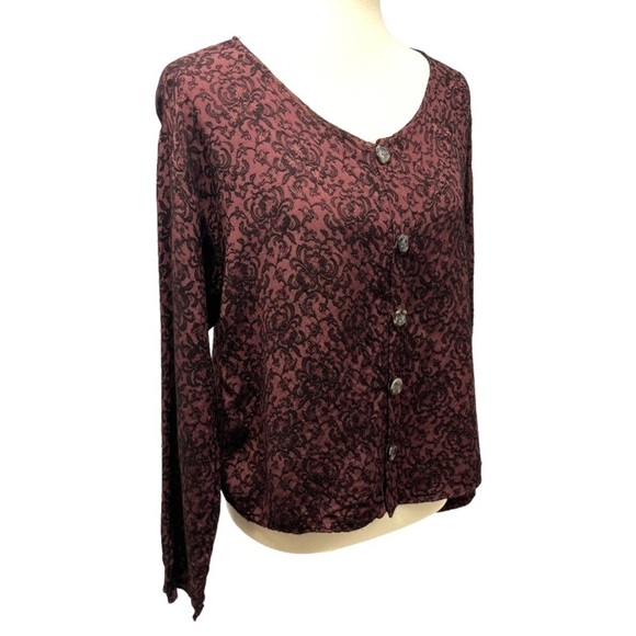CP Shades Maroon & Black Printed Long Sleeve Button Front Shirt Women’s Medium - Picture 3 of 9